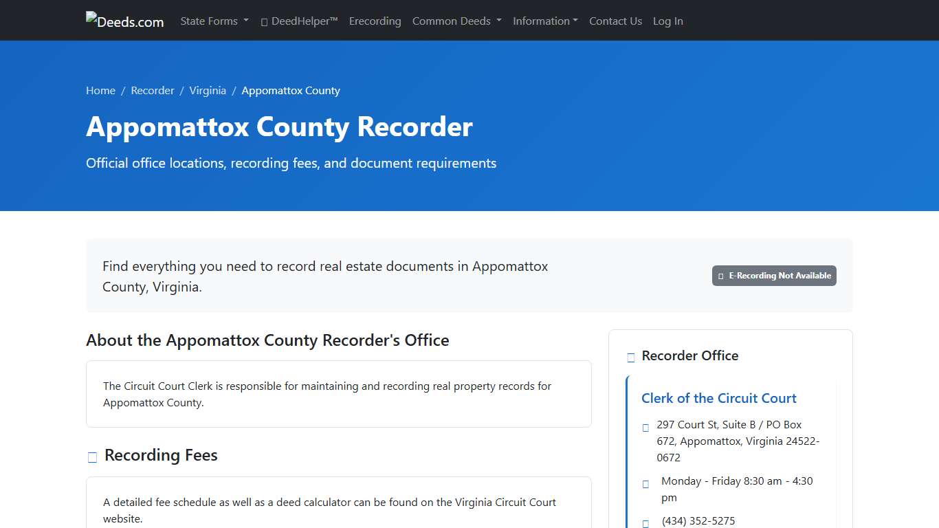 Appomattox County Recorder Information, Virginia - Deeds.com
